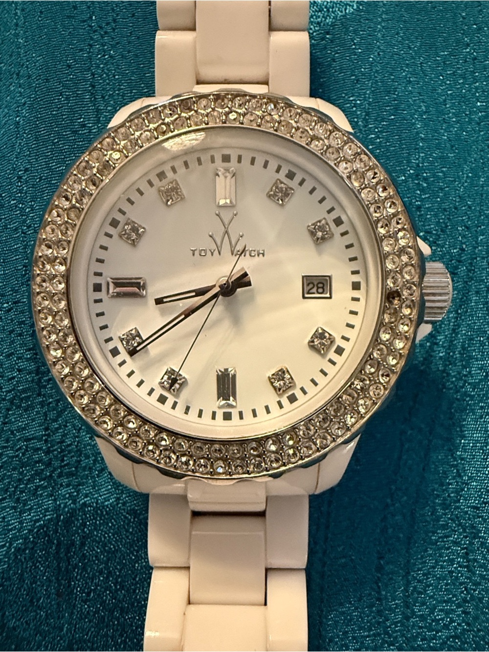 ToyWatch Women's White Crystal-Trim Ceramic Bracelet Watch one crystal missing